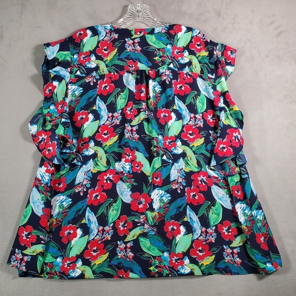 Zac & Rachel Top Womens 2X Blue Red Floral Ruffle Flutter Cap Sleeve Boho Artsy - Picture 2 of 7